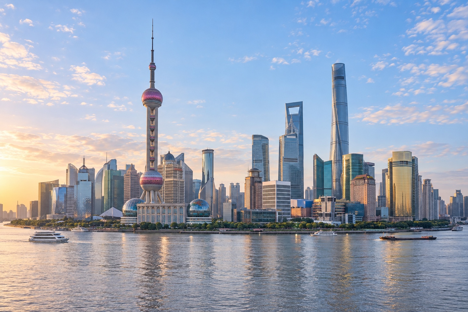 Shanghai skyline with the complete Oriental Pearl Tower across the river