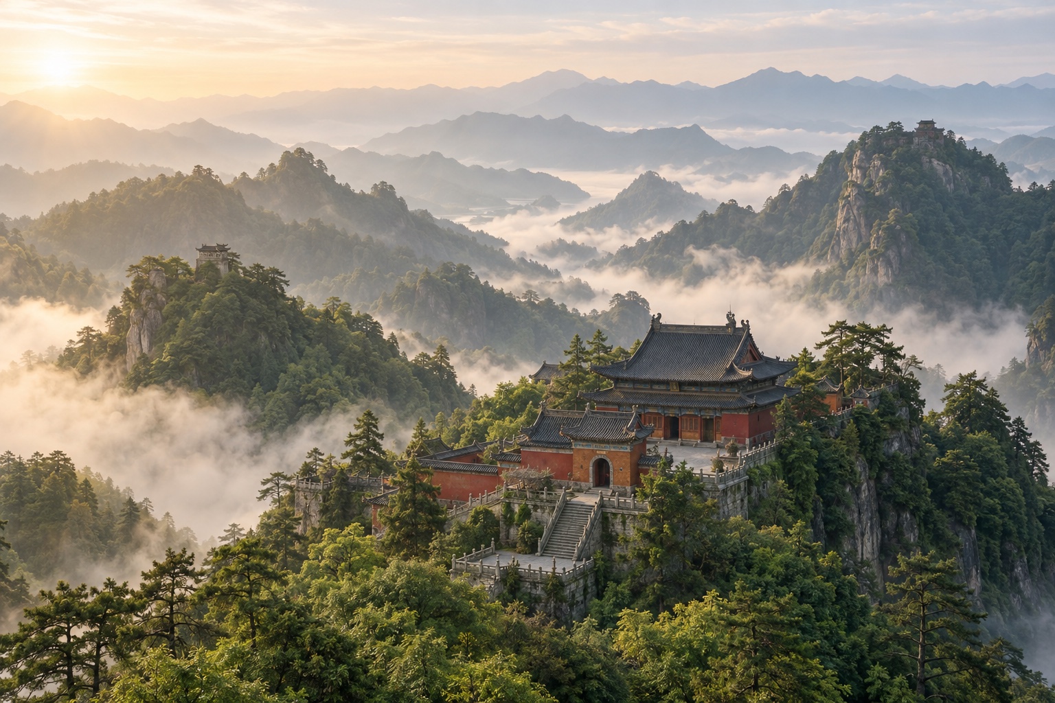 Illustration of Taoist mountain architecture and misty green ridges inspired by the Wudang Mountains